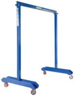 Meet the Vestil Portable Work Area Gantry Crane 2K, a robust blue metal crane with a lightweight frame and four red caster wheels. Designed for lifting heavy loads, it features adjustable height and durable construction, ideal for industrial use.