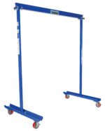 A Vestil Portable Work Area Gantry Crane 0.6K in blue features a rectangular metal frame with horizontal and vertical beams, four red and gray caster wheels, ideal for lifting and moving heavy objects effortlessly.