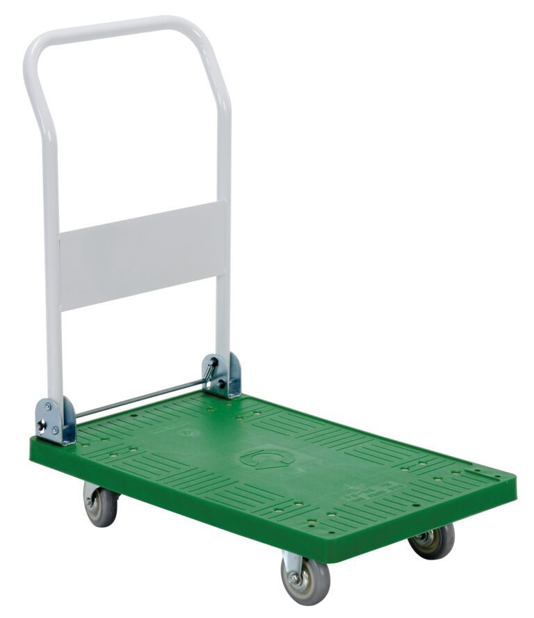 The Vestil Plastic Platform Truck 0.25K 27.75X18 In has a green platform with a white handle and gray swivel wheels, designed with a textured surface for reliable durability when carrying heavy loads.