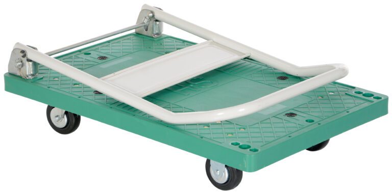 FPT-2133_A.jpg The Vestil Plastic Platform Truck 0.5K 33.5X21.5 In, with its durable metal frame and four casters, features a textured green flatbed and foldable handle for easy storage while handling up to 500 lbs smoothly.