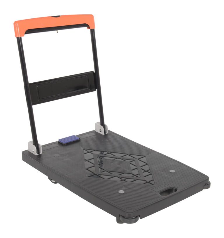 FPT-2335-AB_A.jpg The Vestil Plastic Platform Truck boasts a black and orange foldable design with a textured surface. This dolly, with a 600 lb capacity and measuring 35x23 inches, features an auto brake and adjustable handle for easy handling of heavy boxes or luggage.