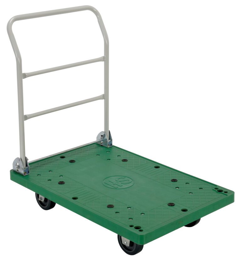 The Vestil Plastic Platform Truck 0.5K 36X24 In has a green textured platform for grip, with an upright metal handle at the rear and four durable black wheels.