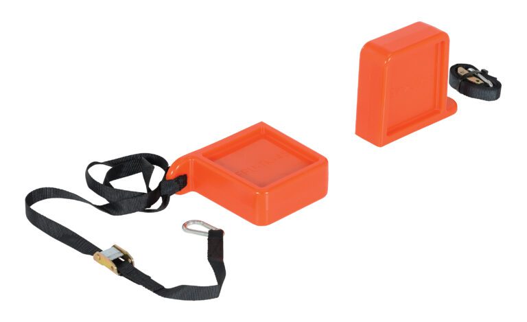 Two orange, rectangular plastic blocks with rounded edges are connected to black straps with metal clasps. Resembling the Vestil Fork Tip Protector Thick Orange, one block lies flat while the other stands upright. The straps are loosely arranged beside these thick orange blocks.