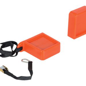 Two orange, rectangular plastic blocks with rounded edges are connected to black straps with metal clasps. Resembling the Vestil Fork Tip Protector Thick Orange, one block lies flat while the other stands upright. The straps are loosely arranged beside these thick orange blocks.