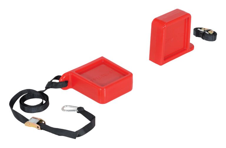 The Vestil Fork Tip Protector Thick Red features a thick red plastic with a rectangular shape and an attached black strap with a metal hook. Another similar red piece lacks the strap, and theres also a separate black strap with a clip for added functionality.