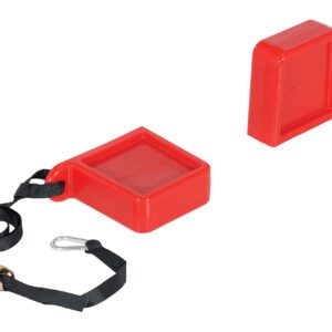 The Vestil Fork Tip Protector Thick Red features a thick red plastic with a rectangular shape and an attached black strap with a metal hook. Another similar red piece lacks the strap, and theres also a separate black strap with a clip for added functionality.