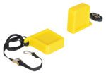 The Vestil Fork Tip Protector Thick Yellow, a durable plastic container with a black adjustable strap and metal clip, is accompanied by another yellow cover, suggesting its use in secure transport or safety applications.