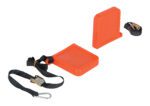 The Vestil Fork Tip Protector Thin Orange features two orange plastic wheel chocks with black adjustable straps, metallic hooks, and buckles for securing wheels, shown on a crisp white background.