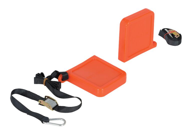 FPU-TN-45-OR_A.jpg The Vestil Fork Tip Protector Thin Orange features two orange plastic wheel chocks with black adjustable straps, metallic hooks, and buckles for securing wheels, shown on a crisp white background.