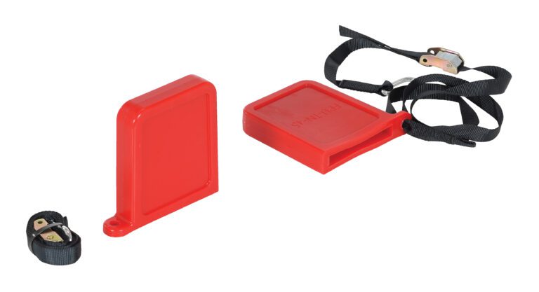 The Vestil Fork Tip Protector Thin Red scabbards for pole saw blades, along with two black straps with buckles, lie against a white background. These rectangular scabbards protect the blades and, paired with the straps, securely maintain their slim profile.