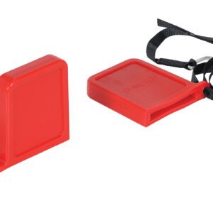 The Vestil Fork Tip Protector Thin Red scabbards for pole saw blades, along with two black straps with buckles, lie against a white background. These rectangular scabbards protect the blades and, paired with the straps, securely maintain their slim profile.