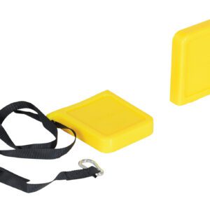 Thin yellow Vestil Fork Tip Protector blocks with slots for threading, alongside a black strap with metal clasps, are displayed on a white background.