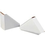 Two white cardboard wedge-shaped pizza slice boxes, open on one side for easy storage or transport of a slice, share the practical design ethos of MH-USA 4 x 4 Frame Protectors (504/Case). Set against a neutral backdrop, they skillfully combine form and function.