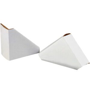 Two white cardboard wedge-shaped pizza slice boxes, open on one side for easy storage or transport of a slice, share the practical design ethos of MH-USA 4 x 4 Frame Protectors (504/Case). Set against a neutral backdrop, they skillfully combine form and function.