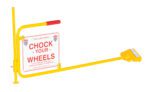 The Vestil Flag Rail Chock with Adjustable Height Leg is a yellow safety sign featuring red text: The law says = Chock Your Wheels plus a Spanish translation, designed to secure and stabilize vehicles effectively.