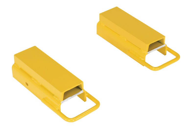 FRS-4-12_A.jpg Two yellow rectangular forklift fork extensions with rounded loop handles are positioned diagonally on a white background, showcasing their length and open ends. Designed for precision handling, they mirror the utility of the Vestil Fork Rear Spacer 4 In Width.