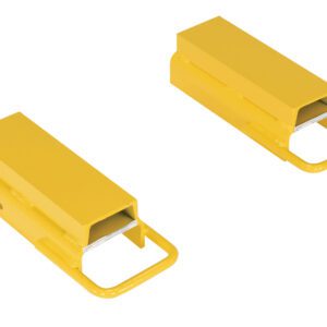 Two yellow rectangular forklift fork extensions with rounded loop handles are positioned diagonally on a white background, showcasing their length and open ends. Designed for precision handling, they mirror the utility of the Vestil Fork Rear Spacer 4 In Width.
