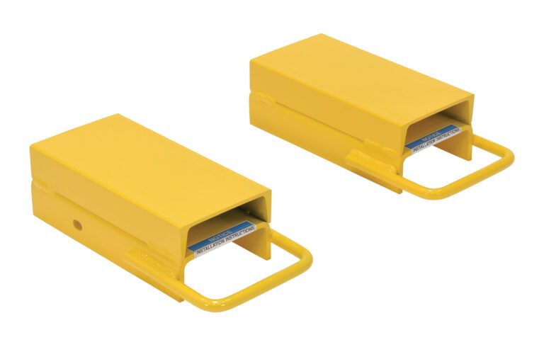 Two yellow rectangular metal blocks with handles, resembling the Vestil Fork Rear Spacer 5 In Width, each showing a partially visible blue and gray element inside, are side by side on a white background.