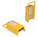 Two yellow, rectangular Vestil Fork Rear Spacer wheel chocks with handles and labels; one upright, one flat. Made of metal for vehicle stabilization with a 6-inch width.