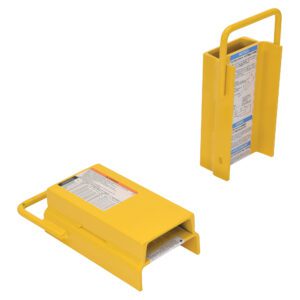 Two yellow, rectangular Vestil Fork Rear Spacer wheel chocks with handles and labels; one upright, one flat. Made of metal for vehicle stabilization with a 6-inch width.