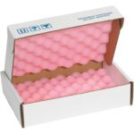 The MH-USA 12 x 8 x 2 3/4 Anti-Static Foam Shippers come in a white cardboard box with protective pink egg-crate foam lining. It features REUSABLE CONTAINER DO NOT DESTROY text and handling icons on the lid, ensuring secure cushioning. Sold as 24 per case.