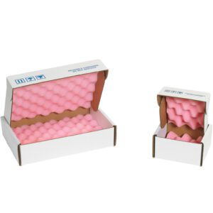 Two open cardboard boxes with pink anti-static egg crate foam are shown. The MH-USA 26 x 18 x 4 Anti-Static Foam Shipper is on the left, and a smaller one on the right, both lined for protection. They come in a convenient pack of 9 per case.