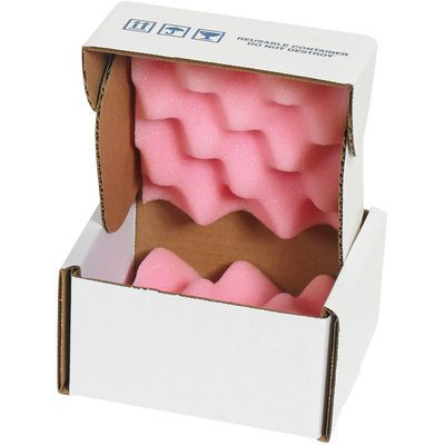 FSA553.jpg The MH-USA 5 x 5 x 3 Anti-Static Foam Shippers (24/Case) include small cardboard boxes lined with pink wavy foam and feature recycling symbols and printed instructions on the exterior.