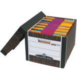 A Banker’s Box filled with colorful file folders is open, showing documents neatly organized inside. Its black exterior resembles the 15 x 12 x 10 Wood Grain R-Kive® File Storage Boxes, which feature white front labels for easy identification.