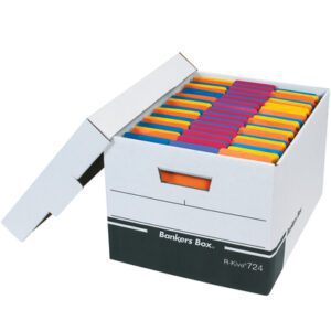 A white Bankers Box labeled R-Kive 724, measuring 15 x 12 x 10, is open, revealing colorful file folders in blue, orange, yellow, and red. Its partially lifted lid contrasts sharply against a plain background, much like the black R-Kive® File Storage Boxes (12/Case).