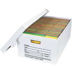 A MH-USA 24 x 15 x 10 Deluxe File Storage Box, part of a case of 12, labeled for contents and dates, is partly opened to show colorful file folders neatly arranged inside.