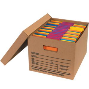 The MH-USA 15 x 12 x 10 Economy File Storage Boxes (12/Case) have an open lid with colorful file folders and labeled sections for contents and date, ensuring efficient organization and easy access.