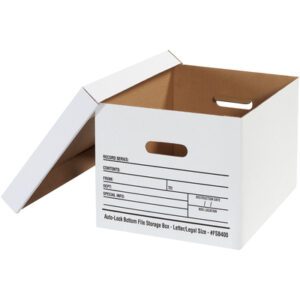 Open white cardboard storage box with a lid leaning against it. The MH-USA 15 x 12 x 10 Auto-Lock Bottom File Storage Box has printed labels for contents and dates, side handles for easy carrying, and is sold in cases of 12.