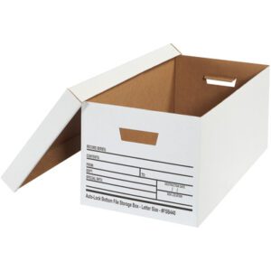 The MH-USA 24 x 12 x 10 auto-lock bottom file storage boxes come in a case of 12. Each box includes handles and a lid, fitting neatly against the side. They feature labeled sections for name, content, and date for efficient organization.