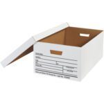The MH-USA 24 x 15 x 10 Auto-Lock Bottom File Storage Box, shown open on a white background, has a removable lid with label fields and side handle cutouts. Its available in cases of 12 for organized storage.
