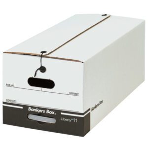 The MH-USA 24 x 12 x 10 1/4 String and Button File Storage Box, labeled Liberty *11, features a white exterior, black base, handle hole, lid string closure, and side spaces labeled Box No. and Contents, ideal for organized file storage. Available as 12 boxes per case.
