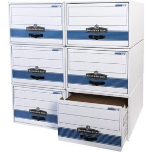A stack of six STOR/DRAWER® STEEL PLUS™ file storage drawers, in white and blue, measures 24 x 15 x 10. One box is partially open showing an empty interior. Featuring black handles, these Bankers Box labeled drawers are designed for efficient organization and durability (6/Case).