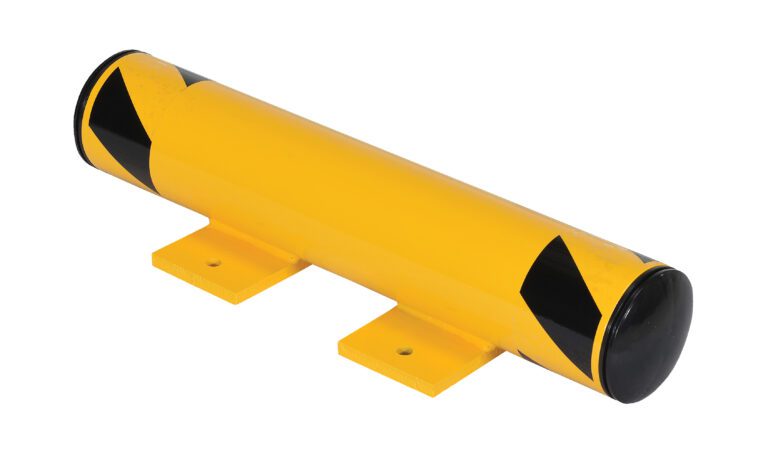 A yellow cylindrical pipe with black geometric patterns sits on a flat surface, resembling the Vestil Floor Stop Bollard 8 X 24.375 X 5, and features two bottom-mounted brackets for secure attachment.