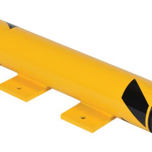 A yellow cylindrical pipe with black geometric patterns sits on a flat surface, resembling the Vestil Floor Stop Bollard 8 X 24.375 X 5, and features two bottom-mounted brackets for secure attachment.