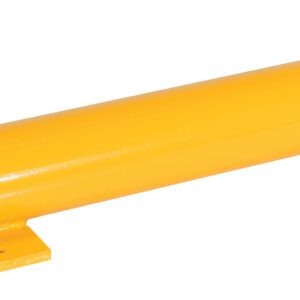 The Vestil Floor Stop Bollard, a yellow cylindrical safety barrier measuring 8 x 36.375 x 5 inches, includes black diagonal stripes at ends and two mounting brackets for easy installation, providing effective protection in various settings.