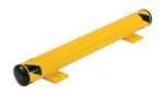 The Vestil Floor Stop Bollard 8 X 42.375 X 5 is a yellow metal barrier with black end caps and arrows. It protects vehicles with two mounting brackets for secure installation.