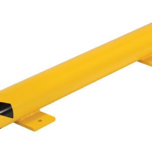 The Vestil Floor Stop Bollard 8 X 42.375 X 5 is a yellow metal barrier with black end caps and arrows. It protects vehicles with two mounting brackets for secure installation.