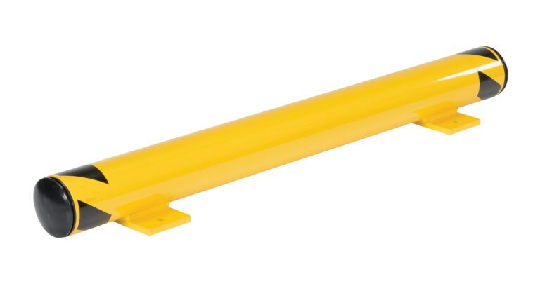 A long cylindrical yellow barrier resembling the Vestil Floor Stop Bollard 8 X 48.375 X 5 with black ends, triangular side patterns, mounted on flat yellow brackets for surface attachment, offers a smooth and stylish design.
