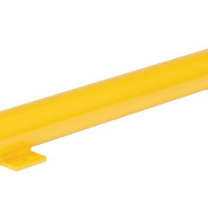 A long cylindrical yellow barrier resembling the Vestil Floor Stop Bollard 8 X 48.375 X 5 with black ends, triangular side patterns, mounted on flat yellow brackets for surface attachment, offers a smooth and stylish design.