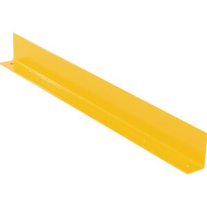 A yellow metal angle bracket with holes for mounting resembles the Vestil Floor Safety Curb. It has a right-angle shape, one side longer, crafted from 1/4 thick material measuring 48 long for support or mounting purposes.