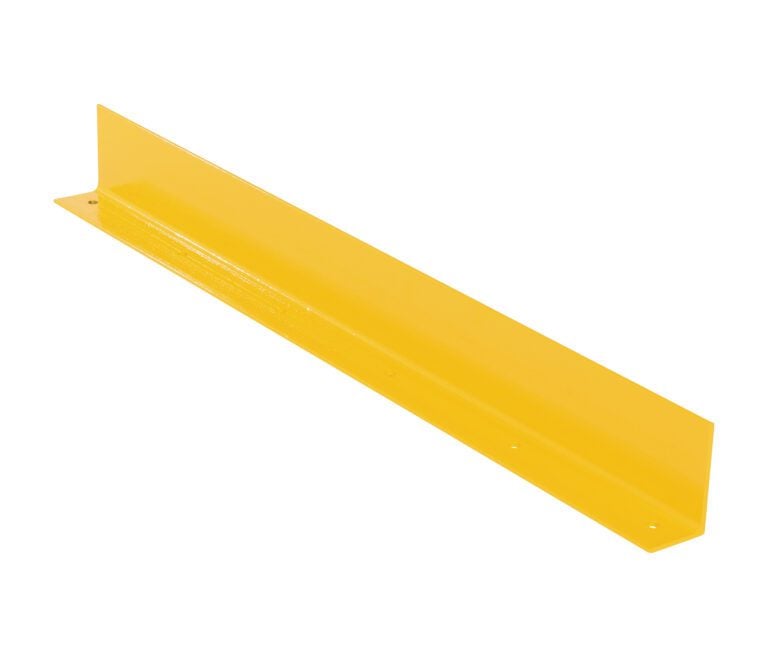 A yellow metal angle bracket with holes for mounting resembles the Vestil Floor Safety Curb. It has a right-angle shape, one side longer, crafted from 1/4 thick material measuring 48 long for support or mounting purposes.
