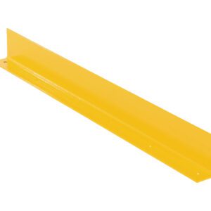 A yellow metal L-bracket with a smooth surface and pre-drilled holes, displayed on a white background, evokes the durable Vestil Floor Safety Curb 3/8 Thick 48 Long Yellow with its vibrant color.