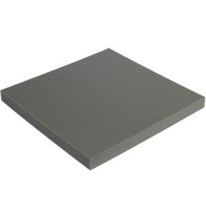 An angled view showcases the gray, square foam pads thickness and edges. Its part of the MH-USA 2 x 24 x 24 Charcoal Cloud Foam Sheets (6 Sheets/Case).