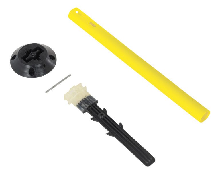 FSP-24-Y-PS_A.jpg The Vestil Permanent Sign Post W/Base 24 X 2 Yellow, when disassembled, includes a tool kit with a long yellow cylindrical handle, a black attachment with metal pin, round base, and small metal rod.