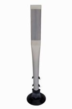 The Vestil Permanent Sign Post W/Base 36 X 2 White is a sleek, cylindrical road delineator with a black base, designed to improve road safety by guiding traffic and enhancing visibility.