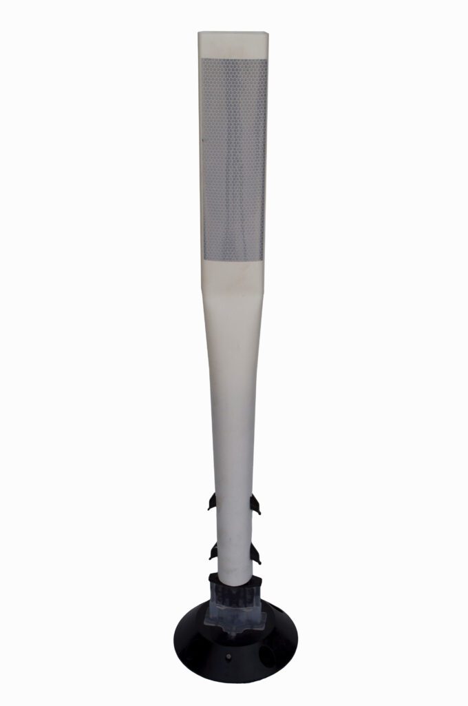 The Vestil Permanent Sign Post W/Base 36 X 2 White is a sleek, cylindrical road delineator with a black base, designed to improve road safety by guiding traffic and enhancing visibility.